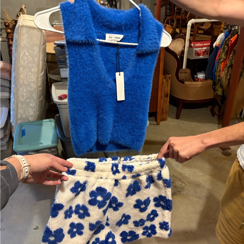 Blue Fuzzy Vest and Floral Shorts Set